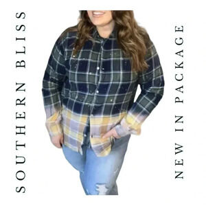 1547. SOUTHERN BLISS FULL BUTTON UP COLLARED TOP BLEACHED PLAID PATTERN SIZE X-L